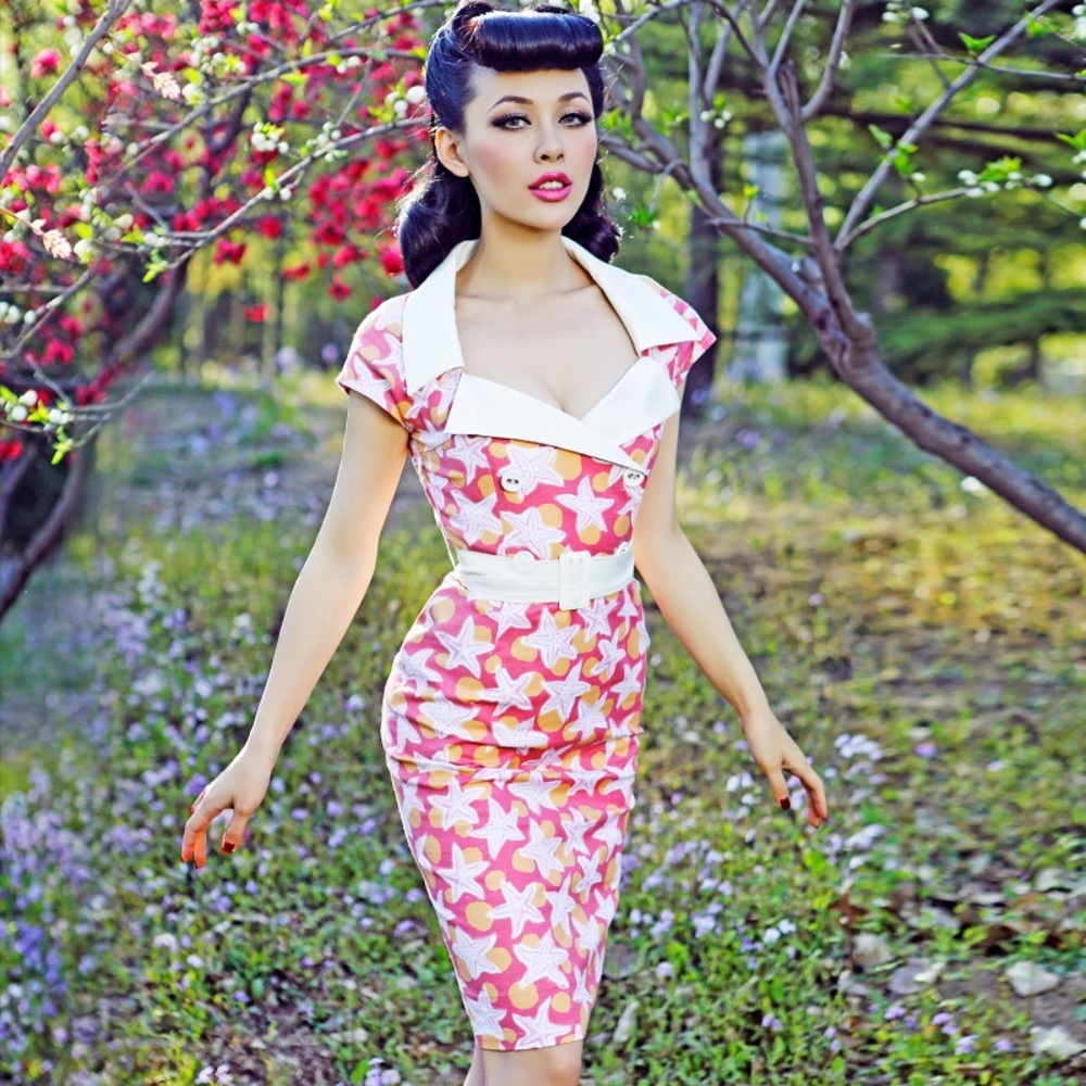 Wild Cat Starfish Print Notch Collar Belted Dress